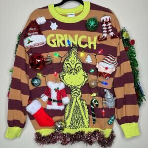 Ugly Christmas Sweater Grinch LIGHTS UP Tacky Tinsel Xmas Party Winner Sz Large